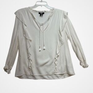 PAIGE Womens Kaydynn Ivory Blouse Size M Ruffle Long Sleeve Blouse Tassel Tie